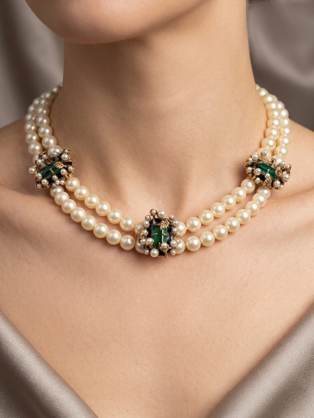 Elegant Triple-Strand Pearl Choker with Green Gem Accents
